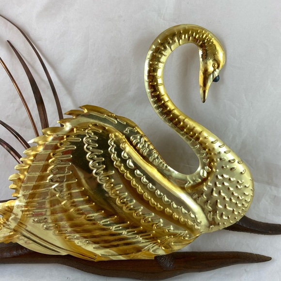 Vintage Swan Bird with Cattails Brass Copper & Wood MCM Wall Art Decor 2 Pieces - Picture 5 of 9